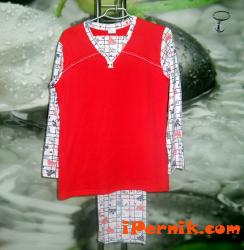 Дамска пижама в червено с карирани ръкави и долнище 1360525063