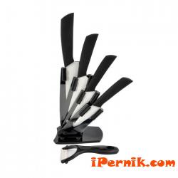Комплект 4 керамични ножа (черни), белачка + стойка 1365499571
