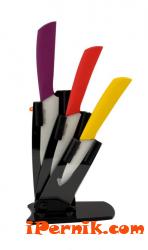 Комплект 3 керамични ножа (цветни), белачка + стойка 1365499789